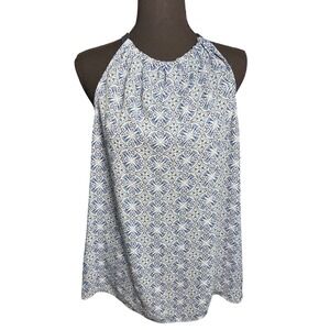 Green Envelope XL Blue White Geometric Tile Print Halter Tie Back Blouse Top